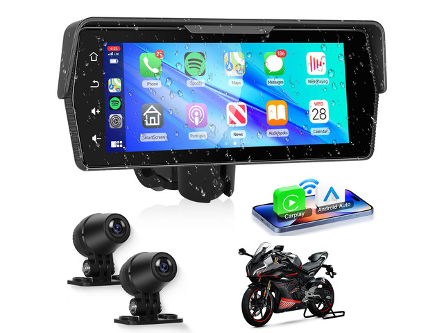 Motorcycle Front+Rear Dash Cam,6.86 inch IPS 1280x480P Touch Screen,1080P Motorcycle Camera DVR,Wireless Carplay & Android Auto,GPS,IP67...