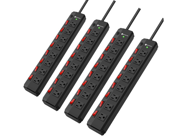 4PCS 8 Outlet Heavy Duty Power Strip with 8 Individual Switches,Moutable Metal Power Strip Surge Protector 1200 Joules,6FT 14AWG Extension Cord,15A...