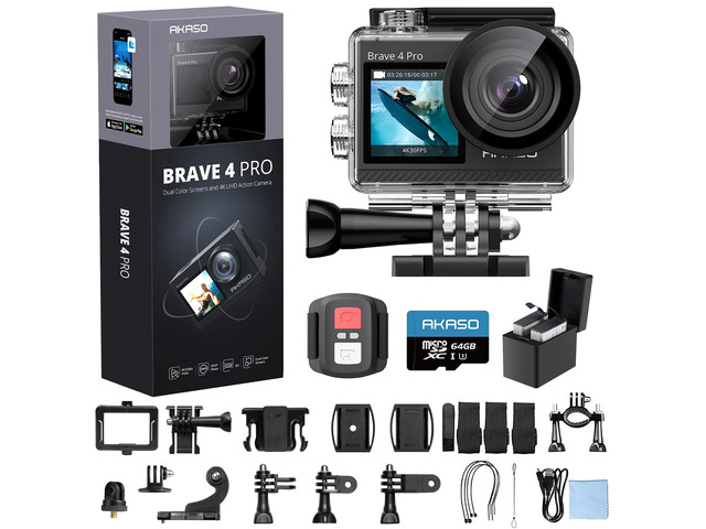 Brave 4 Pro 4K30 Action Camera with 64GB MicroSD U3 Card, 131FT Underwater Waterproof Camera EIS Touch Screen Remote Control with 2x1350mAh...