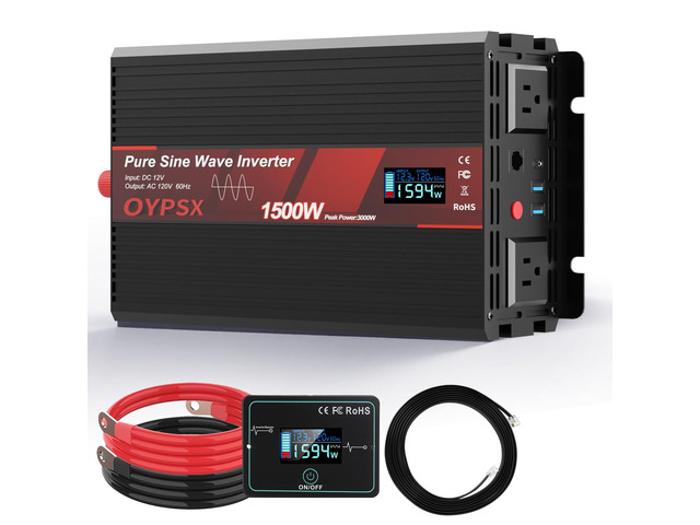 1500W Power Inverter 12V to 110V 120V AC Pure Sine Wave Inverter for RV Truck Camping,Outdoor Off-Grid Power Converter with LCD Display,Wired...