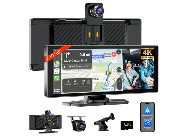 10.26' HD Carplay Screen for Car Stereo, 4K Dash Cam Wireless Portable Touch Screen Car Play with Apple Carplay & Android Auto with 1080P Back Up...
