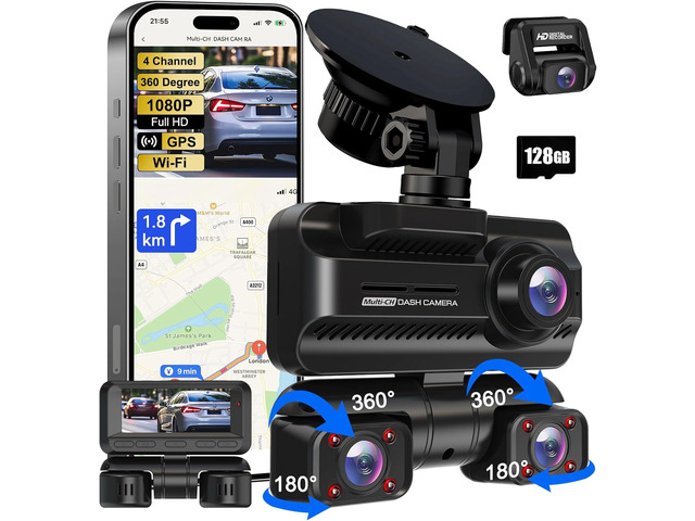 Dash Cam 4 Channels 360° Front Rear Inside DashCam, 4K Full HD Car Camera with 128G Card, Built-in Wi-Fi GPS, 3.18 IPS Screen, WDR Night Vision,...