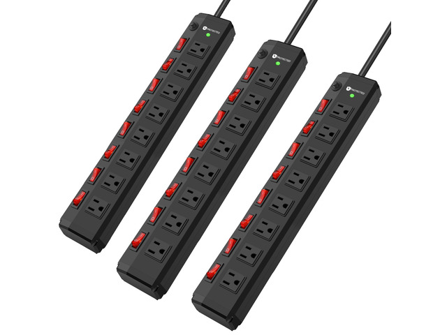 3PCS 8 Outlet Heavy Duty Power Strip with 8 Individual Switches,Moutable Metal Power Strip Surge Protector 1200 Joules,6FT 14AWG Extension Cord,15A...