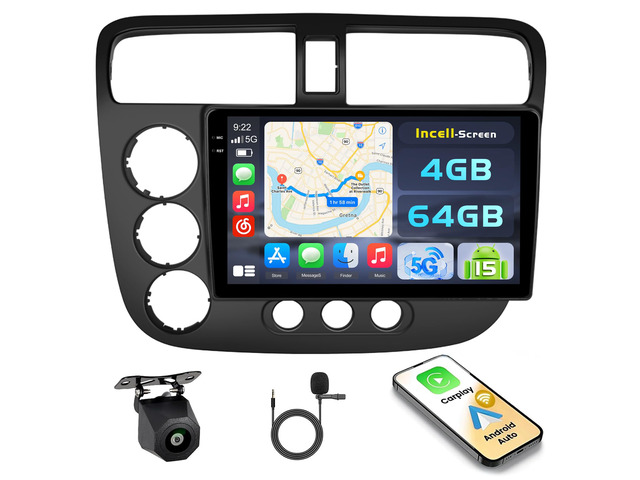 [4+64G] Android 15 Car Stereo for Honda Civic 2001-2005, 9'' in-Cell Touchscreen Civic Radio Wireless Carplay Android Auto 5G WiFi/Bluetooth/Mirror...