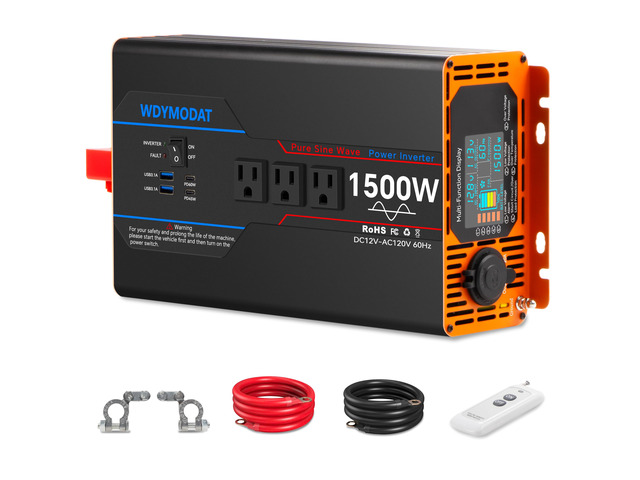 1500W Pure Sine Wave Inverter, Car Power Inverter 12V to 110V 120V, DC to AC Converter Generator with AC Outlets 3.0A USB Type-C, Remote Controller...