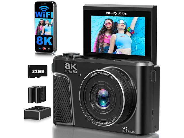 8K Digital Camera for Photography, 88MP Autofocus Vlogging Camera for YouTube, 18X Zoom 3' 180Â° Flip Screen Travel Camera with 2 Batteries and 32...