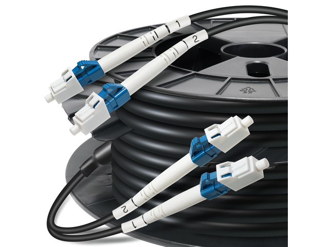 400ft All-Dielectric (5.8mm) Aerial/Direct Burial Outdoor Duplex OS2 Single Mode LC Fiber Cable, Double Sheath+2 FRP Strength Fiber Optic Patch...