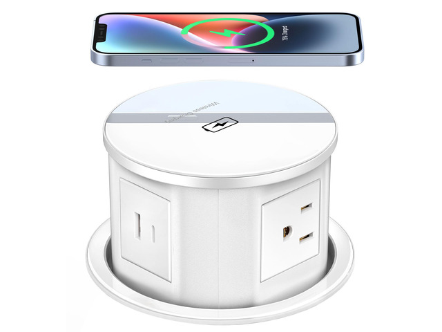 Pop Up Outlet with 15W Wireless Charger, 4 AC Plug 1 USB-A and 1 USB-C, Electrical Desk Power Grommet for Kitchen Countertop, 4.7inch Hidden...