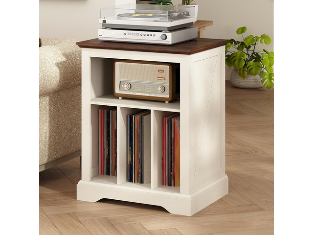 Farmhouse Record Player Stand, 3 Tier End Table, Turntable Stand with Vinyl Record Storage, Wood Record Holder Cabinet Dispaly Shelf for Living...
