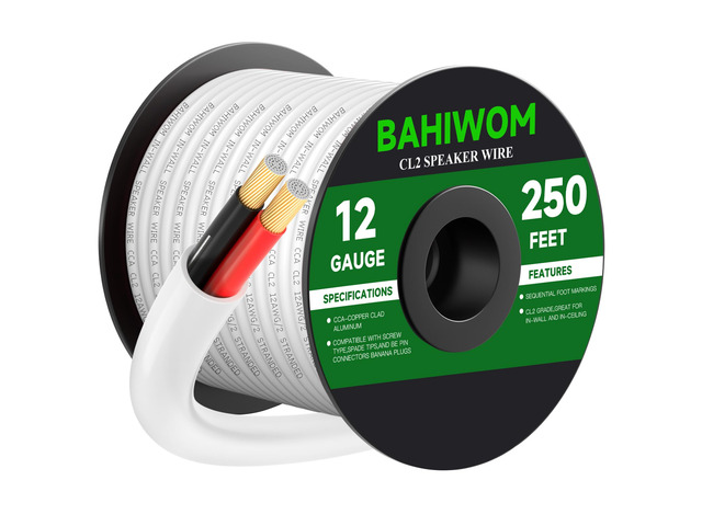 12 Gauge 250FT Speaker Wire CCA 2 Conductors Cord CL2 Rated Speaker Cable for Indoor,in-Wall,in-Ceiling,Home Theater & Commercial Audio with White...