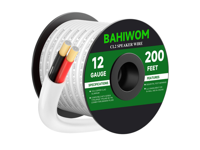 12 Gauge 200FT Speaker Wire CCA 2 Conductors Cord CL2 Rated Speaker Cable for Indoor,in-Wall,in-Ceiling,Home Theater & Commercial Audio with White...
