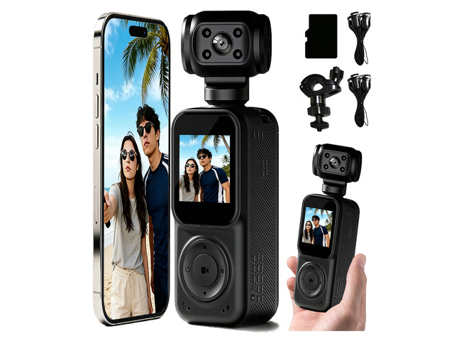 Pocket Camera 4K Output 64GB, WiFi Body Cameras with Audio and Video Recording, Dual Light & 7 Hour Battery (Black)