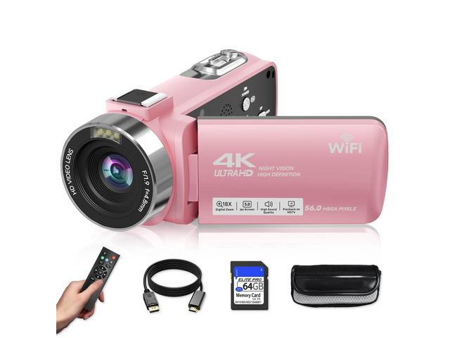 Video Camera, 4K Camcorder 56MP Digital Video Recorder 18X Zoom 3' 270° Rotation Touchscreen IR Night Vision, Wifi Vlogging Camera for YouTube 64GB...