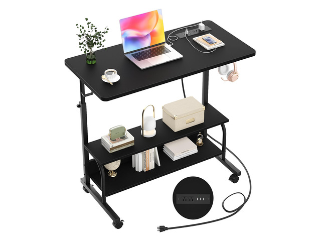 Rolling Standing Desk with Charging Station, Portable Height Adjustable Mobile Computer Desk with Wheels & 2-Tier Shelves & Hooks, Easy Assembly...