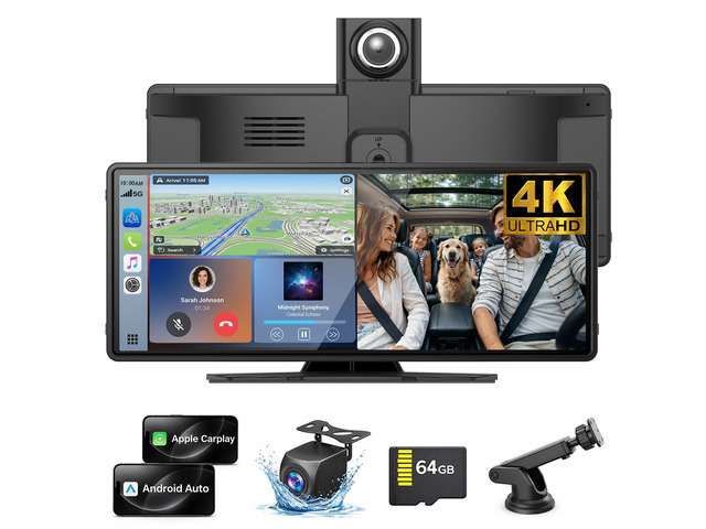 Wireless Carplay Screen for Car,10.26' Portable Apple Carplay and Android auto4K Dash Cam with Rotatable Lens, 1080P Backup Camera, GPS Navigation,...