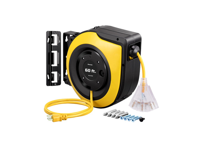 Retractable Cord Reel, 60FT Heavy Duty Extension Cord, 12AWG/3C SJTOW, 3 Grounded Outlets Lighted Triple Tap, 15A Circuit Breaker, Wall/Ceiling...