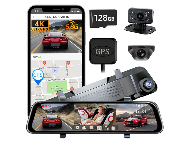 L09 12' 4K Mirror Dash Cam and Backup Camera with Front and Rear Dual Cameras, Built-in GPS, Wi-Fi, Loop Recording, G-Sensor, WDR, and HDR Night...