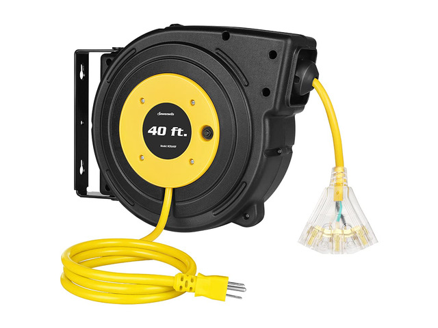 40FT Retractable Extension Cord Reel, Heavy Duty Power Cord Reel with 3-Lighted Triple Outlets, 12AWG/3C SJTOW Cord, 15A Circuit Breaker,...