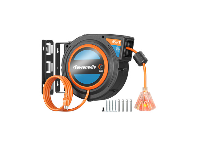 45FT Retractable Extension Cord Reel with Twist-lock Stopper, 12/3C/15A SJTOW Power Cord Reel, Lightweight and Portable, for Home Maintenance,...