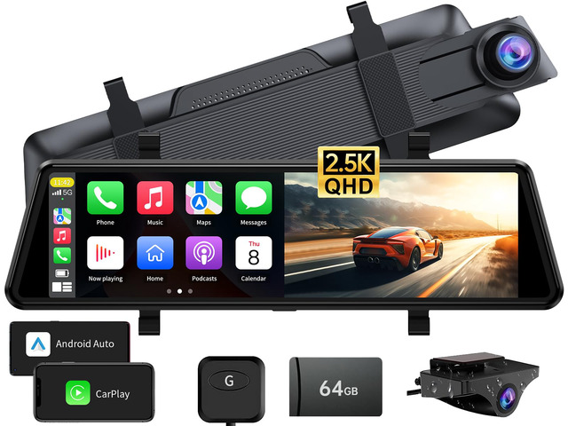 C810 CarPlay Mirror Dash Cam Front and Rear - 2.5K Rear View Mirror Camera, HDR Night Vision, FM/Wireless Audio, DIY 10-Min Install, Extreme Temp...
