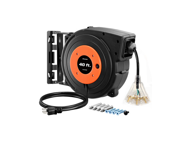 Retractable Extension Cord Reel, 40 FT Heavy Duty Power Cord, 12AWG/3C SJTOW, 3 Grounded Outlets Lighted Triple Tap, 15 Amp Circuit Breaker, UL Listed
