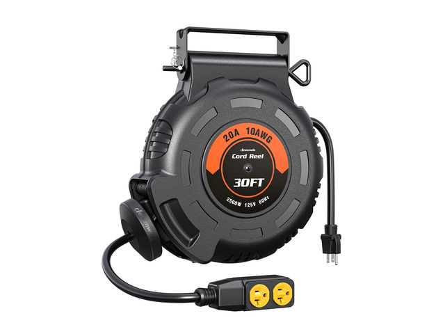 20Amp Retractable Extension Cord Reel, 30FT 2500W Heavy Duty Power Cord Reel, 10AWG/3C SJTW Industrial Cable, 4 Grounded Outlets, 180° Swivel...