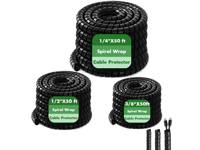 3 Pcs Spiral Wrap Cable Protector, Safe 1/4' +1/2'+3/8' Od x 50 FT Pre Cut Lengths Hydraulic Hose Protector Wrap to Avoid Wear and Extend Life for...
