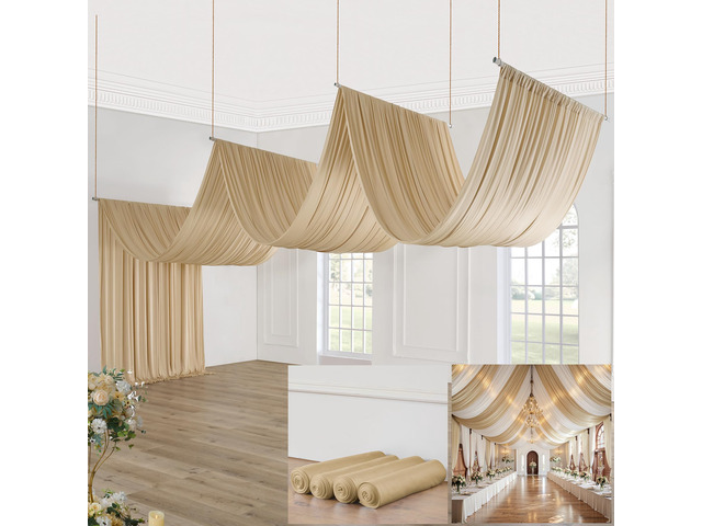 20ft×20ft Champagne Ceiling Drapes for Weddings Parties,4 Panels 5×20ft Long Ceiling Curtain for Tent Canopy,Wrinkle Free Silky Easy to...