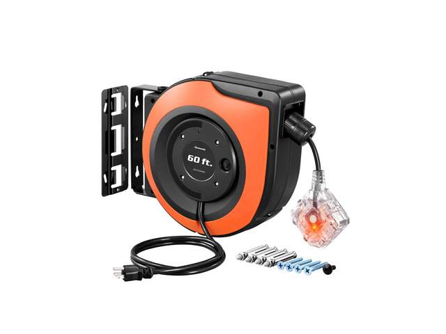6 Grounded Outlets Retractable Extension Cord Reel, 60FT Heavy Duty Power Cord, Llluminatedn/off Switch, Wall/Ceiling Mounted for Garage, Workshop,...
