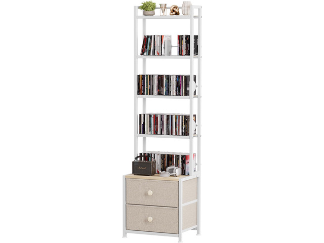 CD Storage Rack with Drawer, 5-Tier DVD Organizer Shelf w/Adjustable Book Stoppers, Media Storage Rack for CD/DVD, Books & Games, Ideal for Living...