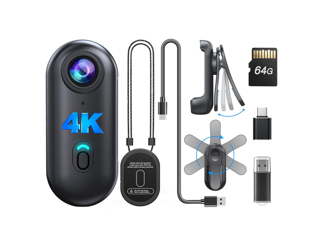 W4 4K Mini Body Camera, Wearable 64GB Camera with 360°Rotatable Clip & Magnetic Clip, 120 Minutes for recording, Easy to Use and Take for Lecture,...
