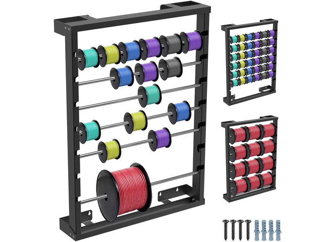 Heavy Duty Wall-Mounted Wire Spool Rack Cable Reel Holder and Dispenser with 6 Adjustable Stainless Steel Rods for Industrial, Electrical, and...