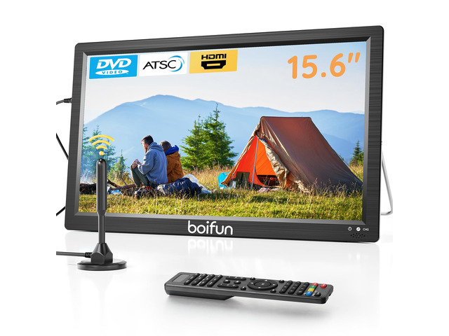 15.6' Portable TV with Antenna, DVD Player Built-in, FM Radio, 5000mAh Battery, Support HDMI Input/USB/TF/AV Out and Multiple Disc Formats, Small...