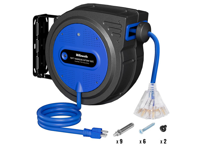 75 FT Retractable Extension Cord Reel, Heavy Duty Extension Cord, 14AWG/3C SJTOW, 3 Grounded Outlets Lighted Triple Tap, 10A Circuit Breaker,...
