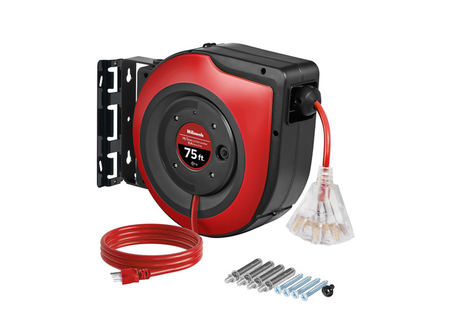 Retractable Extension Cord Reel, 75 FT Heavy Duty Extension Cord, 14AWG/3C SJTOW, 3 Grounded Outlets Lighted Triple Tap, 10A Circuit Breaker,...