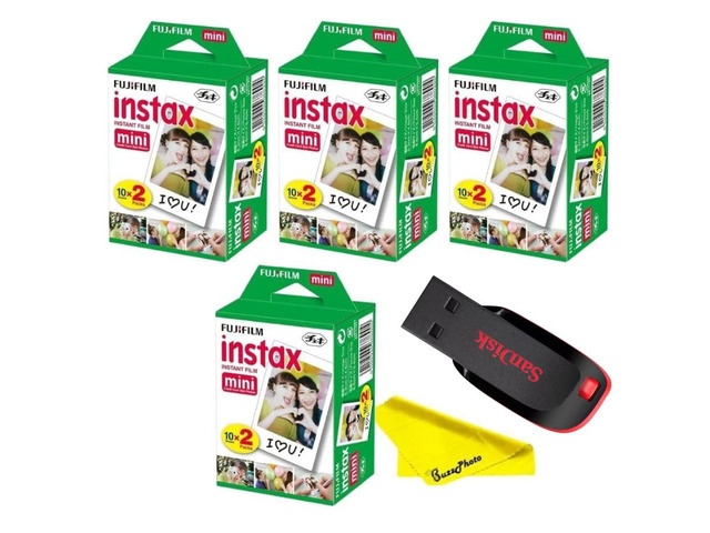 Instax Mini Instant Camera Film with Sandisk 32 GB USB Flash Drive + 4 x Mini Twin Packs (80 Sheets) and Buzz-Photo Microfiber Cleaning Cloth