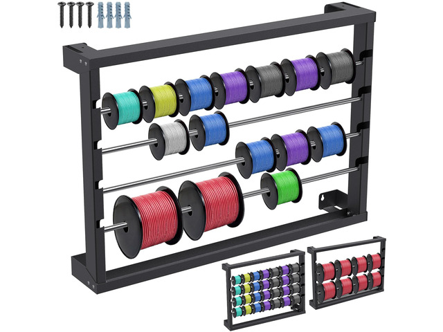 Heavy Duty Wall-Mounted Wire Spool Rack Cable Reel Holder and Dispenser with 4 Adjustable Stainless Steel Rods for Industrial, Electrical, and...