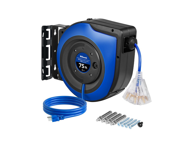 Retractable Cord Reel, 75 FT Heavy Duty Extension Cord, 14AWG/3C SJTOW, 3 Grounded Outlets Lighted Triple Tap, 10A Circuit Breaker, Wall/Ceiling...