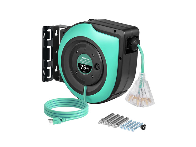 Retractable Cord Reel, 75 FT Heavy Duty Extension Cord, 14AWG/3C SJTOW, 3 Grounded Outlets Lighted Triple Tap, 10A Circuit Breaker, Wall/Ceiling...