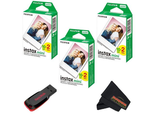 Instax mini Instant Daylight Film (Twin Packs + 32 GB USB Flash Drive) with Sunshine Photo Microfiber Cleaning Cloth.(3 Twin Packs + 32 GB USB...