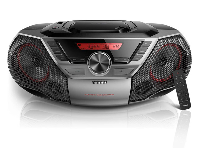 Portable Boombox CD Player Bluetooth FM Radio MP3 Mega Bass Reflex Stereo Sound System with NFC, 12W, USB Input, Headphone Jack, and LCD Display