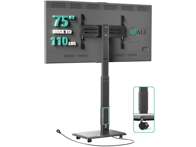 Rolling TV Stand with Power Outlet, Mobile Tall TV Stand Mount on Wheels for 39-75 inch TV up to 110 lbs, Swivel Height Adjustable TV Cart with...