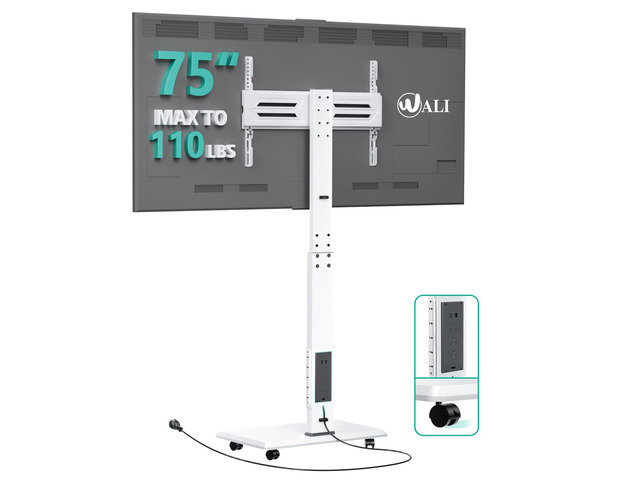 Rolling TV Stand with Power Outlet, Mobile Tall TV Stand Mount on Wheels for 39-75 inch TV up to 110 lbs, Swivel Height Adjustable TV Cart with...