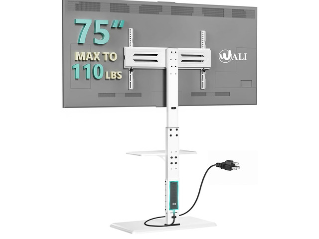 Floor TV Stand with Power Outlet & AV Shelf, Tall TV Stand Mount for 36-75 inch TV up to 110 lbs, Swivel and Height Adjustable TV Stands with Wood...