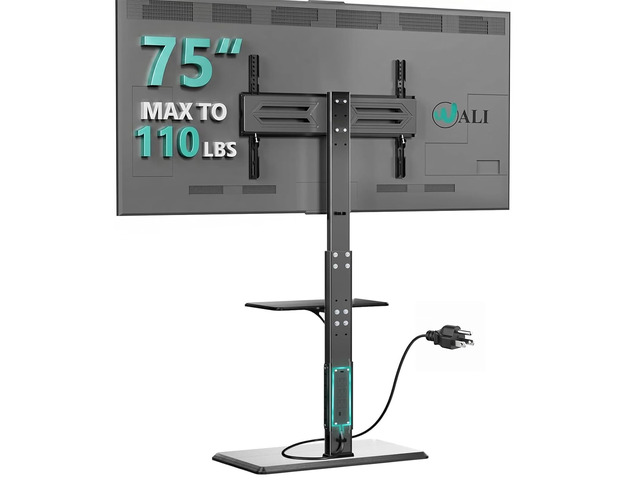 Floor TV Stand with Power Outlet & AV Shelf, Tall TV Stand Mount for 36-75 inch TV up to 110 lbs, Swivel and Height Adjustable TV Stands with Wood...