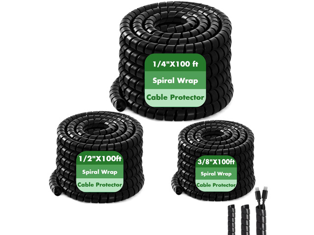 3 Pcs Spiral Wrap Cable Protector, Safe 1/4'+1/2'+3/8' Od x 100 FT Pre Cut Lengths Hydraulic Hose Protector Wrap to Avoid Wear and Extend Life for...