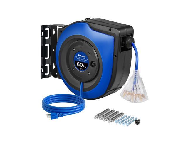 Retractable Cord Reel, 60 FT Heavy Duty Extension Cord, 12AWG/3C SJTOW, 3 Grounded Outlets Lighted Triple Tap, 15A Circuit Breaker, Wall/Ceiling...
