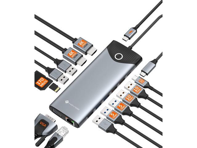 10Gbps USB-C Docking Station, 15-in-1 Dual/Triple 4K 60Hz HDMI & VGA, 100W PD Charging, 7USB-A+1USB-C, Gigabit Ethernet, SD/TF, Audio, Multiport.