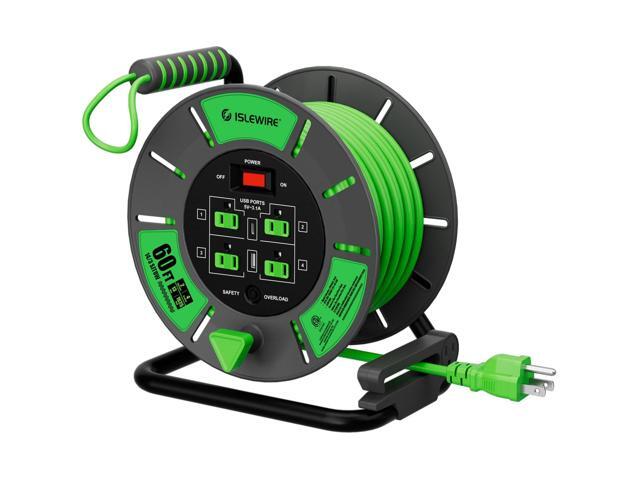 60 FT Retractable Extension Cord Reel, 14AWG SJTOW Heavy Duty Power Cord with 4 Grounded Outlets, USB-A & USB-C Ports, 13A Circuit Breaker, Hand...