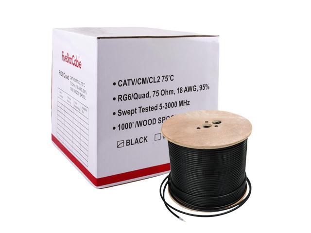 Five Star RG6 Quad Shield Coaxial Cable, 18AWG, 75 Ohm, 1000 ft Spool, ETL Listed, Black - Double Braid Shield, CCS Conductor, PVC Jacket for...